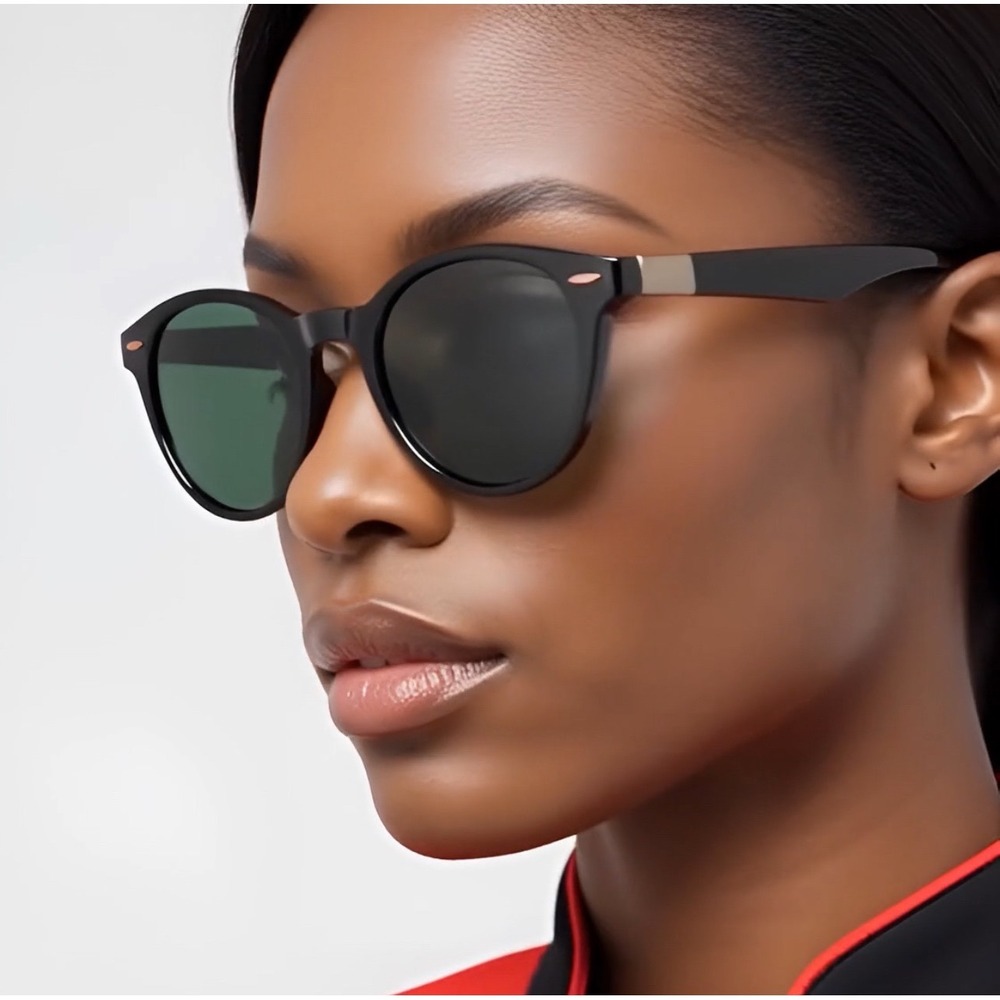 Black Round Sunglasses Polarized‎ Green Lens Acetate Frame Women's Fashion Gafas